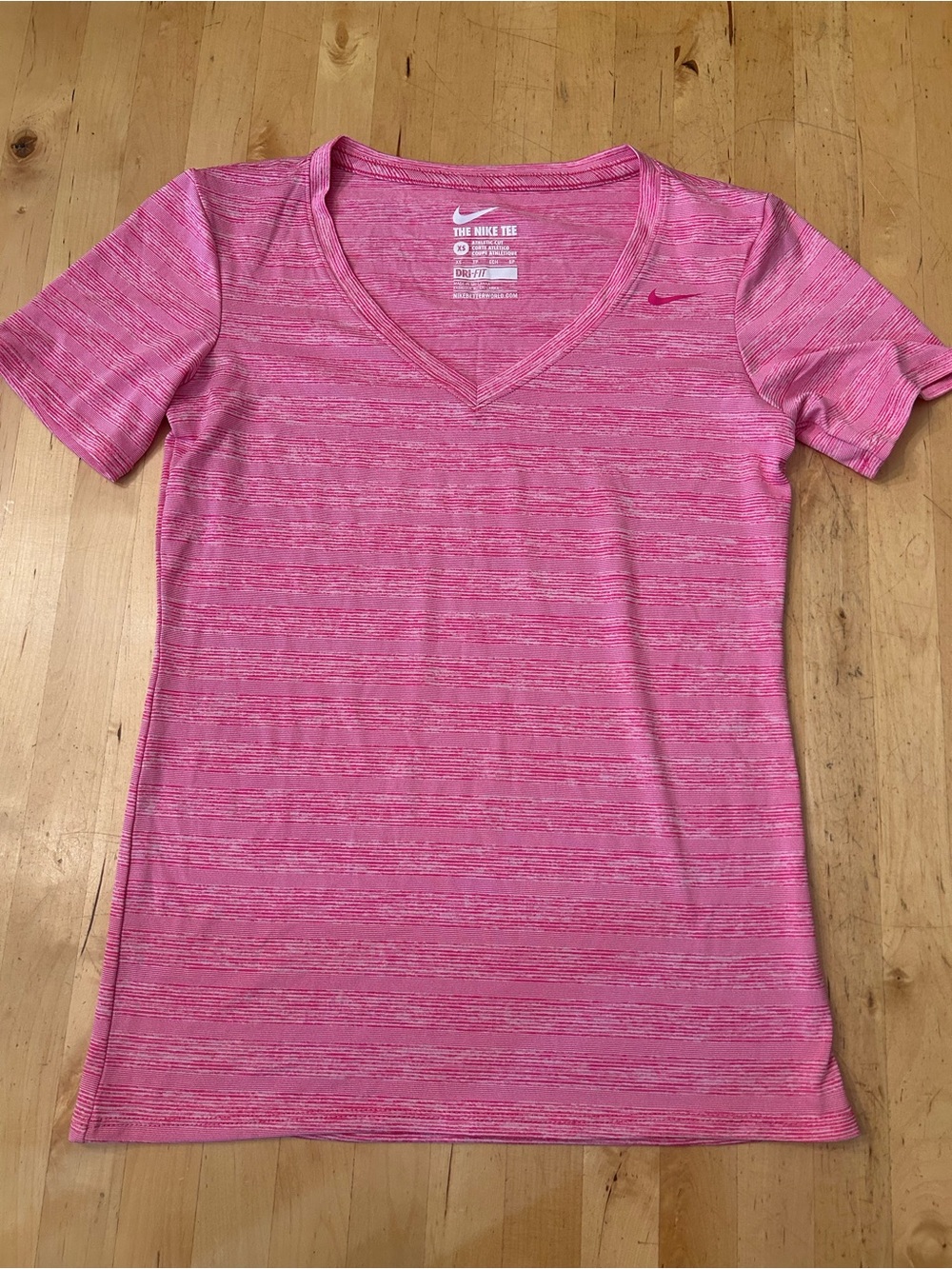 Nike Dri-Fit Pink Striped Heathered Short Sleeve V-Neck Athletic Tee Shirt XS